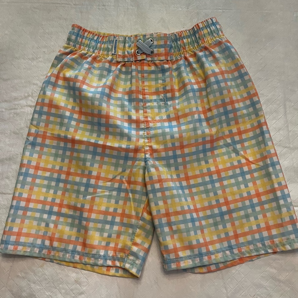 Ruffle Butts Pastel Plaid Swim Trunks in Blue, Yellow & Orange